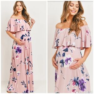 Mauve Floral Off Shoulder Maternity Maxi Dress